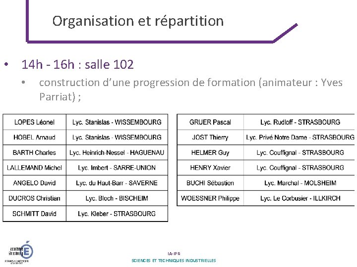 Organisation et répartition • 14 h - 16 h : salle 102 • construction