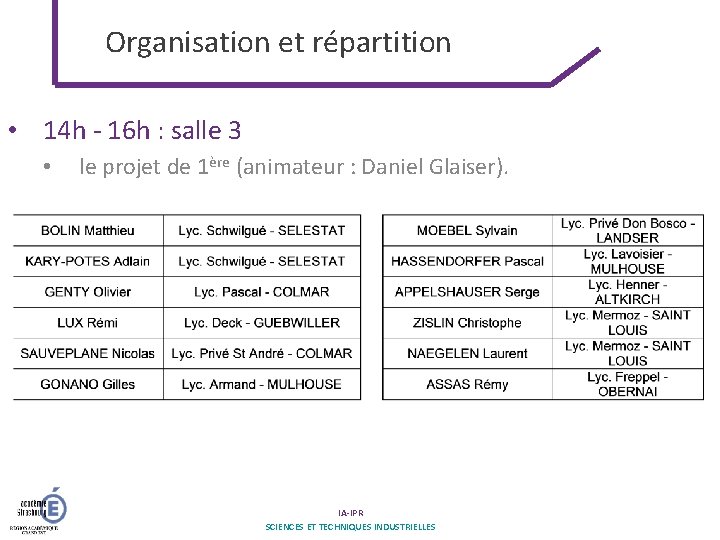 Organisation et répartition • 14 h - 16 h : salle 3 • le