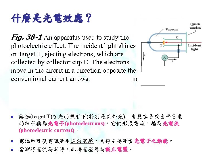 什麼是光電效應？ Fig. 38 -1 An apparatus used to study the photoelectric effect. The incident