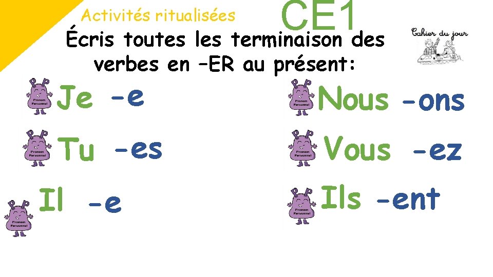 CE 1 Écris toutes les terminaison des Activités ritualisées verbes en –ER au présent: