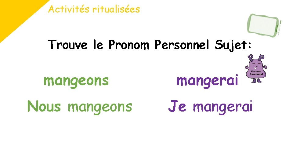 Activités ritualisées Trouve le Pronom Personnel Sujet: mangeons mangerai Nous mangeons Je mangerai 