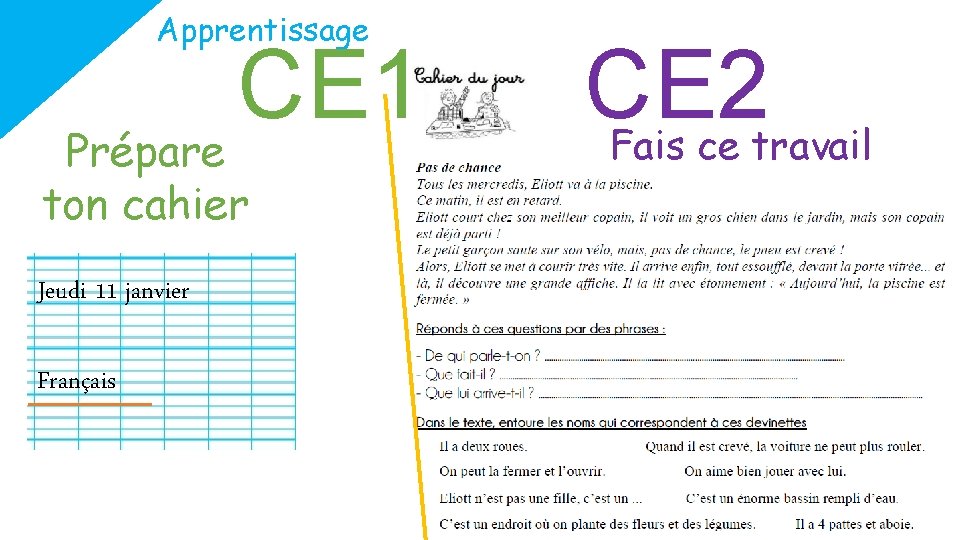 Apprentissage CE 1 Prépare ton cahier Jeudi 11 janvier Français CE 2 Fais ce