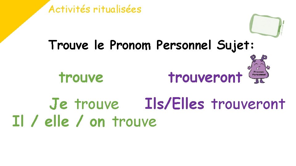 Activités ritualisées Trouve le Pronom Personnel Sujet: trouveront Je trouve Ils/Elles trouveront Il /