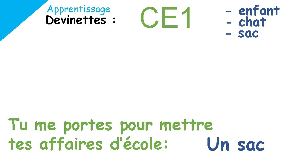 Apprentissage Devinettes : CE 1 C’est un petit adulte : Un enfant J’ai quatre