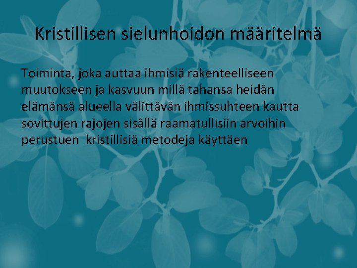 Kristillisen sielunhoidon määritelmä Toiminta, joka auttaa ihmisiä rakenteelliseen muutokseen ja kasvuun millä tahansa heidän