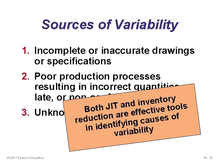 Sources of Variability 1. Incomplete or inaccurate drawings or specifications 2. Poor production processes