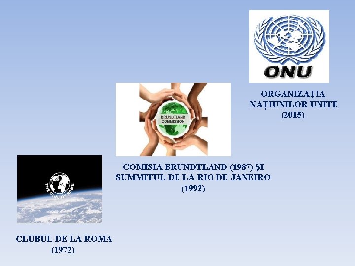 ORGANIZAȚIA NAȚIUNILOR UNITE (2015) COMISIA BRUNDTLAND (1987) ȘI SUMMITUL DE LA RIO DE JANEIRO ORGANIZAȚIA NAȚIUNILOR UNITE (2015) COMISIA BRUNDTLAND (1987) ȘI SUMMITUL DE LA RIO DE JANEIRO