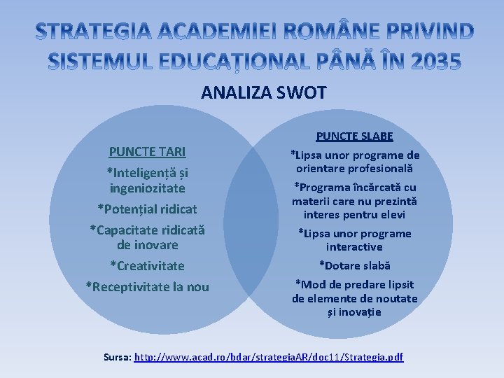 ANALIZA SWOT PUNCTE TARI *Inteligență și ingeniozitate *Potențial ridicat *Capacitate ridicată de inovare *Creativitate ANALIZA SWOT PUNCTE TARI *Inteligență și ingeniozitate *Potențial ridicat *Capacitate ridicată de inovare *Creativitate
