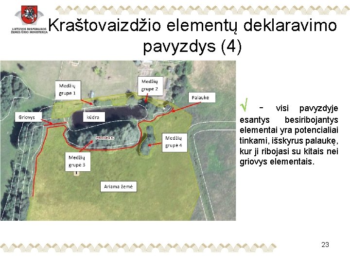 Kraštovaizdžio elementų deklaravimo pavyzdys (4) - visi pavyzdyje esantys besiribojantys elementai yra potencialiai tinkami,