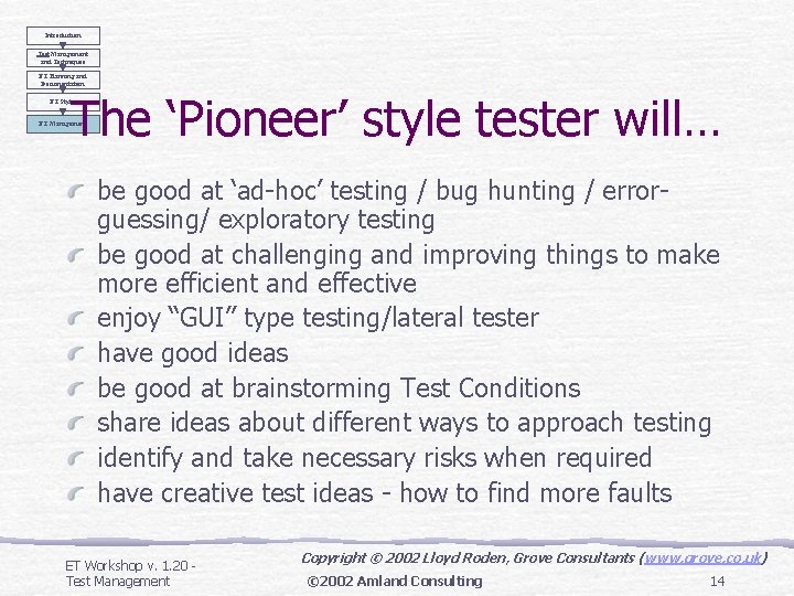 Introduction Test Management and Techniques ET Planning and Documentation The ‘Pioneer’ style tester will… Introduction Test Management and Techniques ET Planning and Documentation The ‘Pioneer’ style tester will…