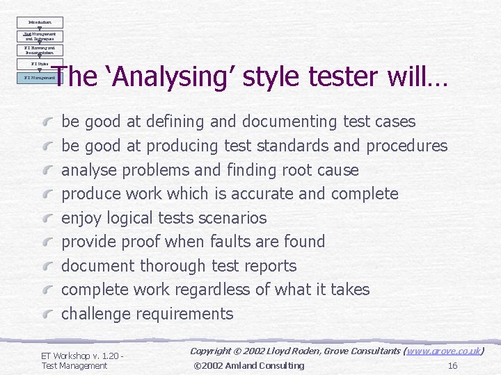 Introduction Test Management and Techniques ET Planning and Documentation ET Styles The ‘Analysing’ style Introduction Test Management and Techniques ET Planning and Documentation ET Styles The ‘Analysing’ style