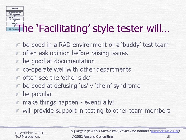 Introduction Test Management and Techniques ET Planning and Documentation The ‘Facilitating’ style tester will… Introduction Test Management and Techniques ET Planning and Documentation The ‘Facilitating’ style tester will…