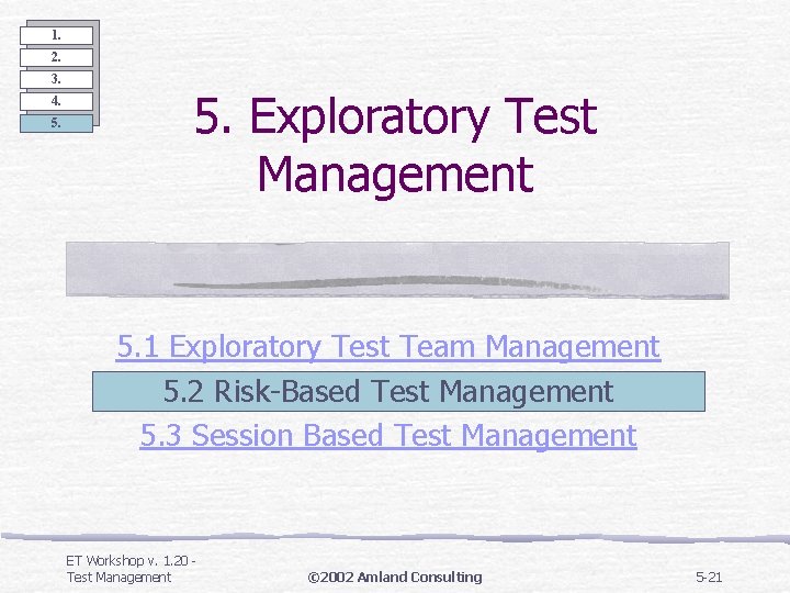 1. 2. 3. 4. 5. Exploratory Test Management 5. 1 Exploratory Test Team Management 1. 2. 3. 4. 5. Exploratory Test Management 5. 1 Exploratory Test Team Management