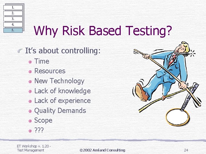 1. 2. 3. 4. 5. Why Risk Based Testing? It’s about controlling: Time Resources 1. 2. 3. 4. 5. Why Risk Based Testing? It’s about controlling: Time Resources