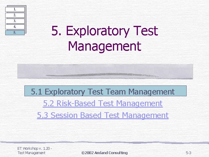 1. 2. 3. 4. 5. Exploratory Test Management 5. 1 Exploratory Test Team Management 1. 2. 3. 4. 5. Exploratory Test Management 5. 1 Exploratory Test Team Management
