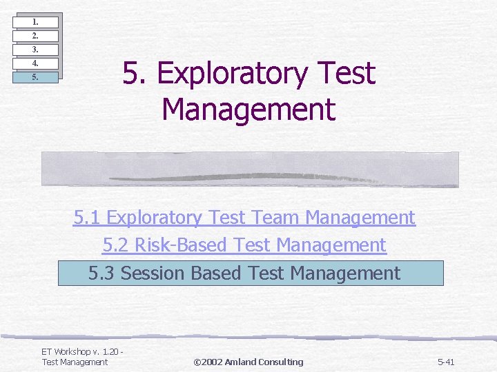 1. 2. 3. 4. 5. Exploratory Test Management 5. 1 Exploratory Test Team Management 1. 2. 3. 4. 5. Exploratory Test Management 5. 1 Exploratory Test Team Management