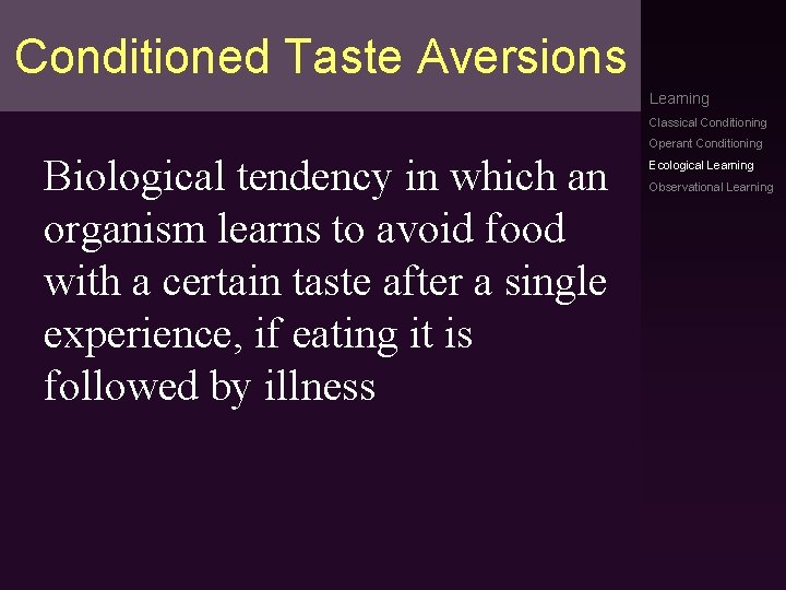 Conditioned Taste Aversions Learning Classical Conditioning Operant Conditioning Biological tendency in which an organism