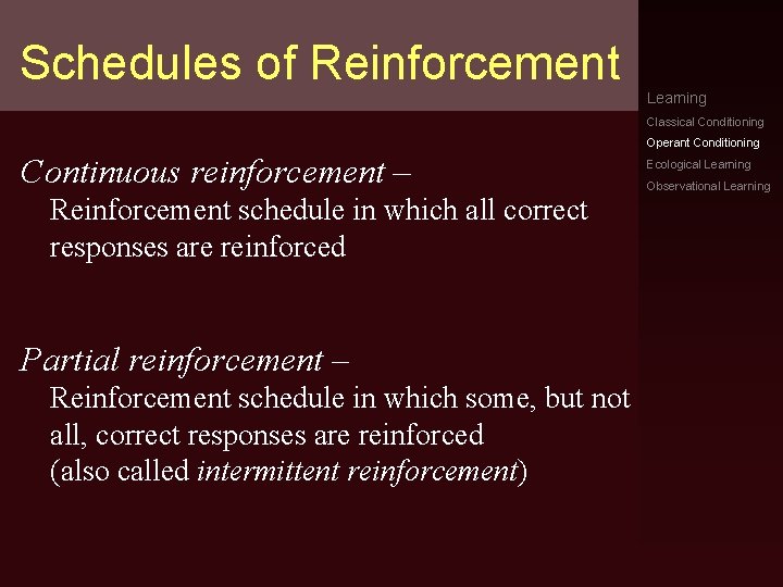 Schedules of Reinforcement Learning Classical Conditioning Operant Conditioning Continuous reinforcement – Reinforcement schedule in