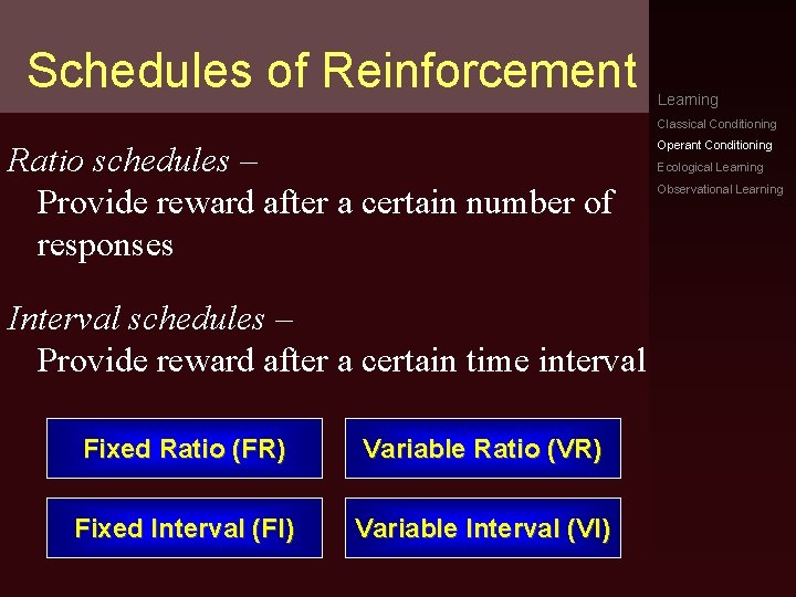 Schedules of Reinforcement Learning Classical Conditioning Ratio schedules – Provide reward after a certain