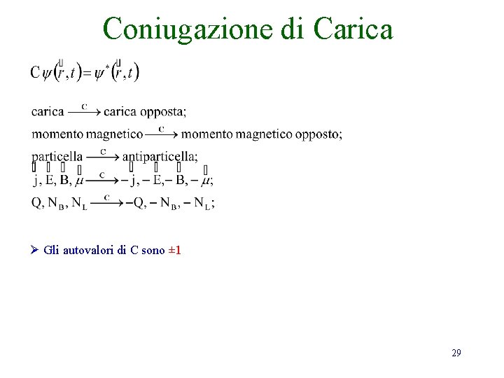 Coniugazione di Carica Ø Gli autovalori di C sono ± 1 29 Coniugazione di Carica Ø Gli autovalori di C sono ± 1 29