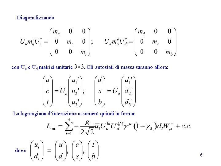 Diagonalizzando con Uu e Ud matrici unitarie . Gli autostati di massa saranno allora: Diagonalizzando con Uu e Ud matrici unitarie . Gli autostati di massa saranno allora: