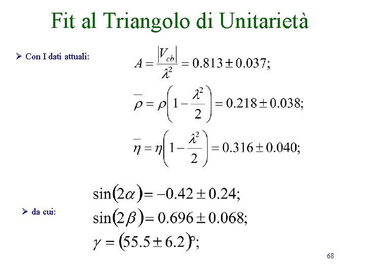 Fit al Triangolo di Unitarietà Ø Con I dati attuali: Ø da cui: 68 Fit al Triangolo di Unitarietà Ø Con I dati attuali: Ø da cui: 68
