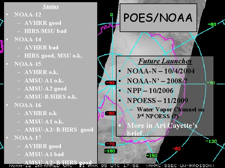Status • NOAA-12 – AVHRR good – HIRS/MSU bad • NOAA-14 – AVHRR bad