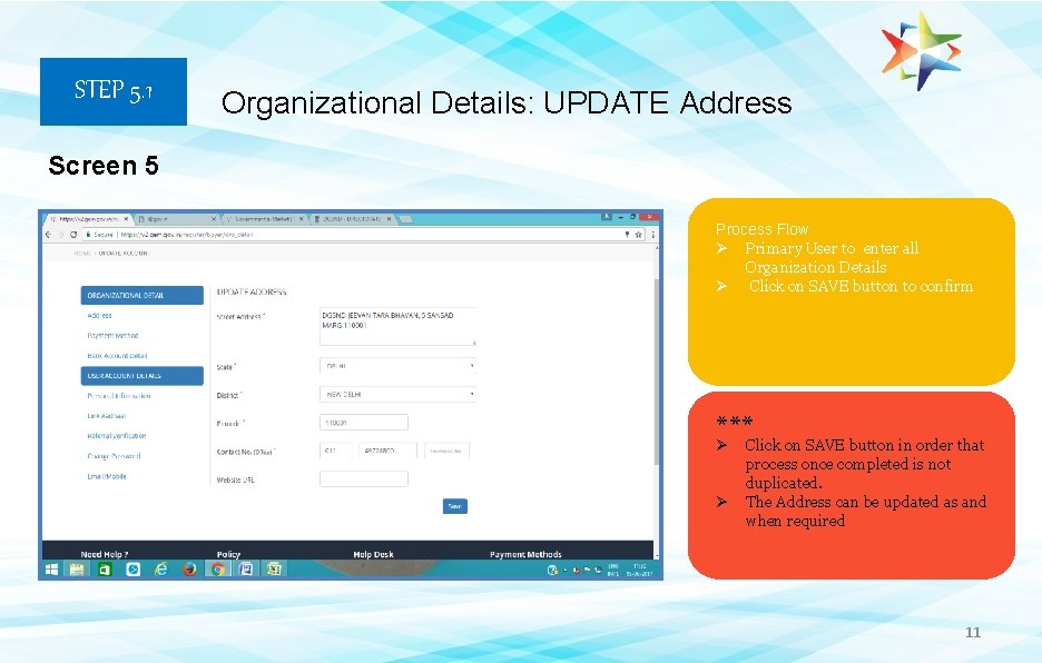 STEP 5. 1 Organizational Details: UPDATE Address Screen 5 Process Flow Ø Primary User STEP 5. 1 Organizational Details: UPDATE Address Screen 5 Process Flow Ø Primary User