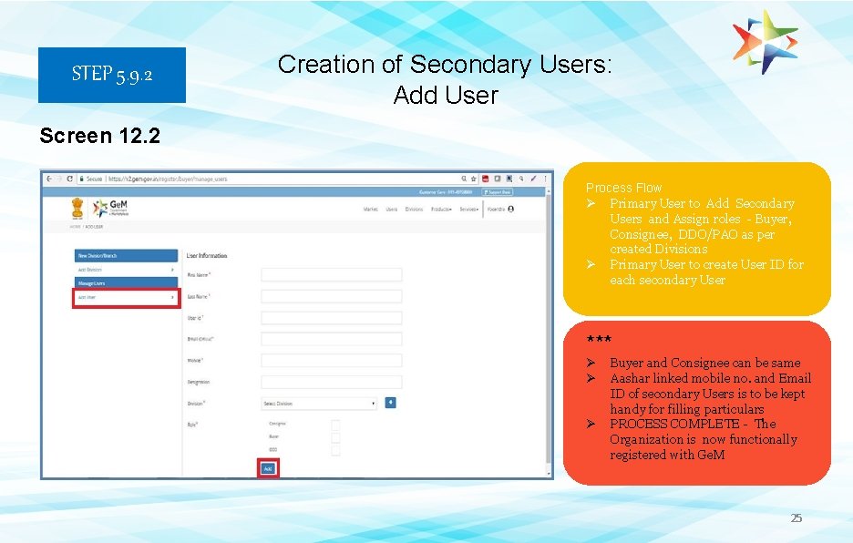 STEP 5. 9. 2 Creation of Secondary Users: Add User Screen 12. 2 Process STEP 5. 9. 2 Creation of Secondary Users: Add User Screen 12. 2 Process