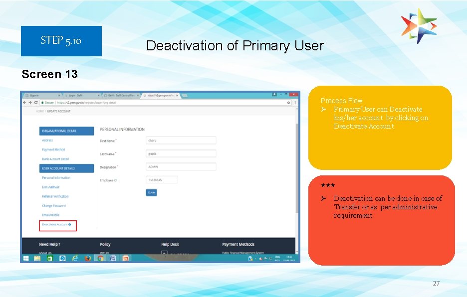 STEP 5. 10 Deactivation of Primary User Screen 13 Process Flow Ø Primary User STEP 5. 10 Deactivation of Primary User Screen 13 Process Flow Ø Primary User