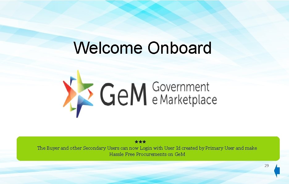 Welcome Onboard *** The Buyer and other Secondary Users can now Login with User Welcome Onboard *** The Buyer and other Secondary Users can now Login with User