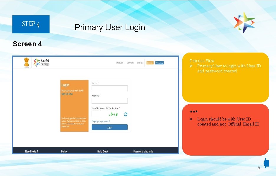 STEP 4 Primary User Login Screen 4 Process Flow Ø Primary User to login STEP 4 Primary User Login Screen 4 Process Flow Ø Primary User to login