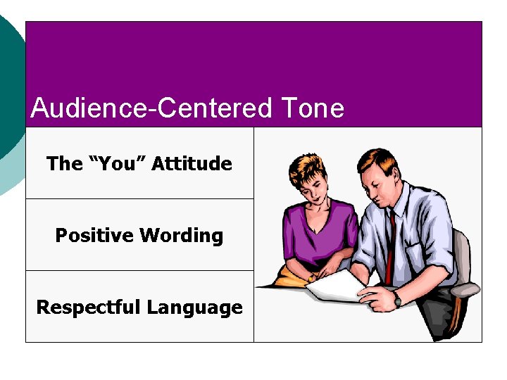 Audience-Centered Tone The “You” Attitude Positive Wording Respectful Language 