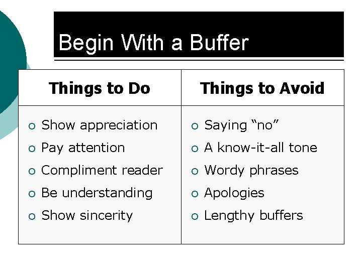 Begin With a Buffer Things to Do Things to Avoid ¡ Show appreciation ¡