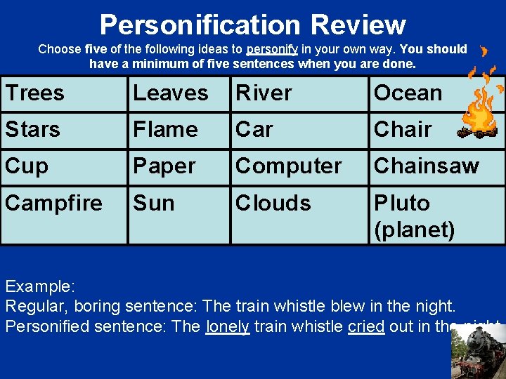 Personification Review Choose five of the following ideas to personify in your own way.