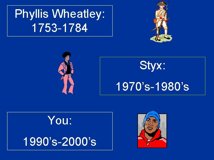 Phyllis Wheatley: 1753 -1784 Styx: 1970’s-1980’s You: 1990’s-2000’s 