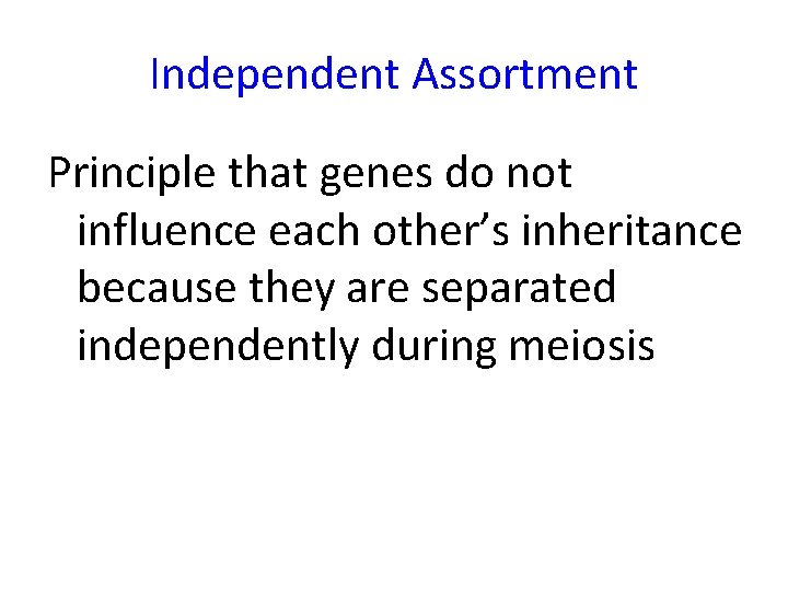 Independent Assortment Principle that genes do not influence each other’s inheritance because they are