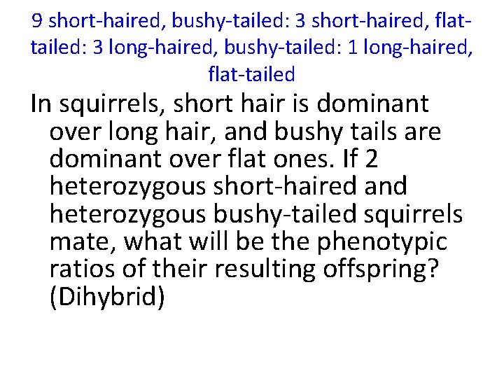 9 short-haired, bushy-tailed: 3 short-haired, flattailed: 3 long-haired, bushy-tailed: 1 long-haired, flat-tailed In squirrels,