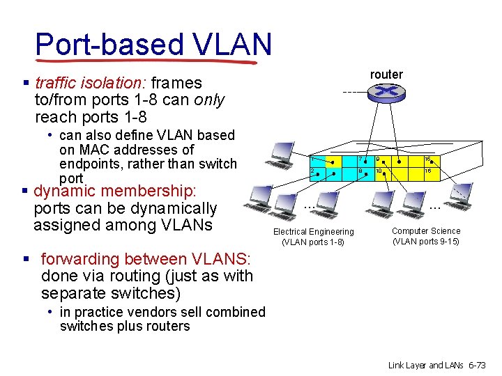 Port-based VLAN router § traffic isolation: frames to/from ports 1 -8 can only reach