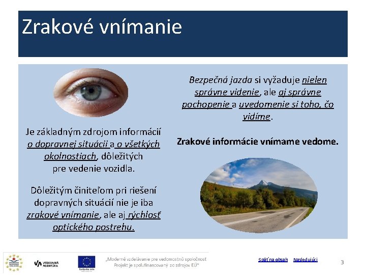 Zrakové vnímanie Bezpečná jazda si vyžaduje nielen správne videnie, ale aj správne pochopenie a