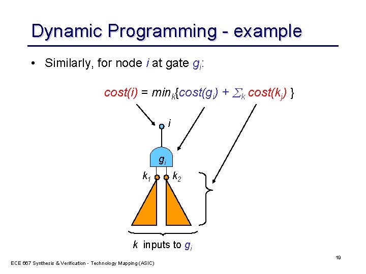 Dynamic Programming - example • Similarly, for node i at gate gi: cost(i) =