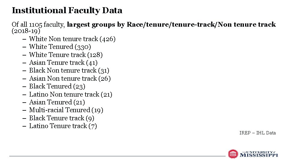 Institutional Faculty Data Of all 1105 faculty, largest groups by Race/tenure-track/Non tenure track (2018