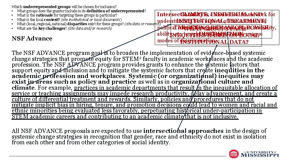 Which underrepresented groups will be chosen for inclusion? • What groups does the grantor