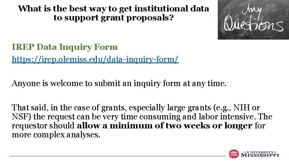 What is the best way to get institutional data to support grant proposals? IREP