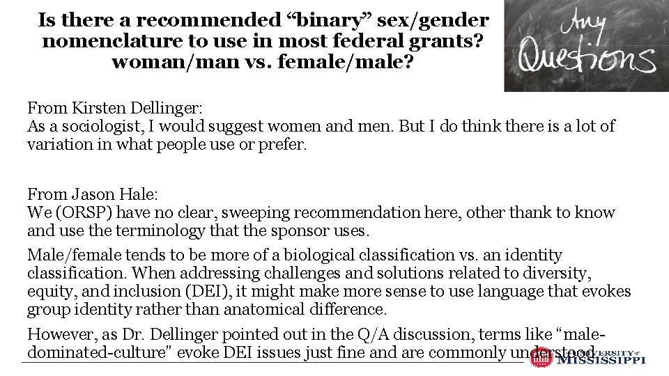 Is there a recommended “binary” sex/gender nomenclature to use in most federal grants? woman/man