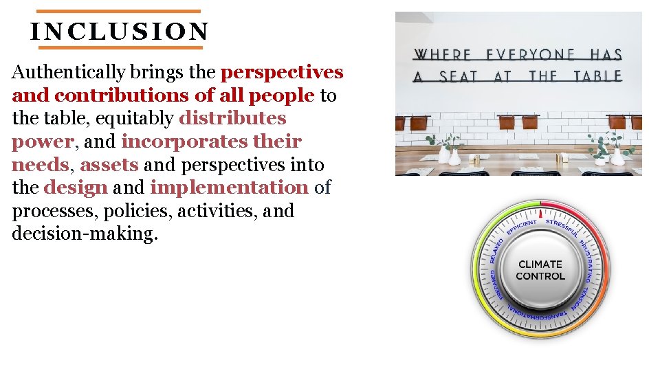 INCLUSION Authentically brings the perspectives and contributions of all people to the table, equitably