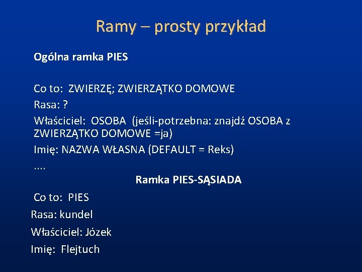 Ramy – prosty przykład Ogólna ramka PIES Co to: ZWIERZĘ; ZWIERZĄTKO DOMOWE Rasa: ?