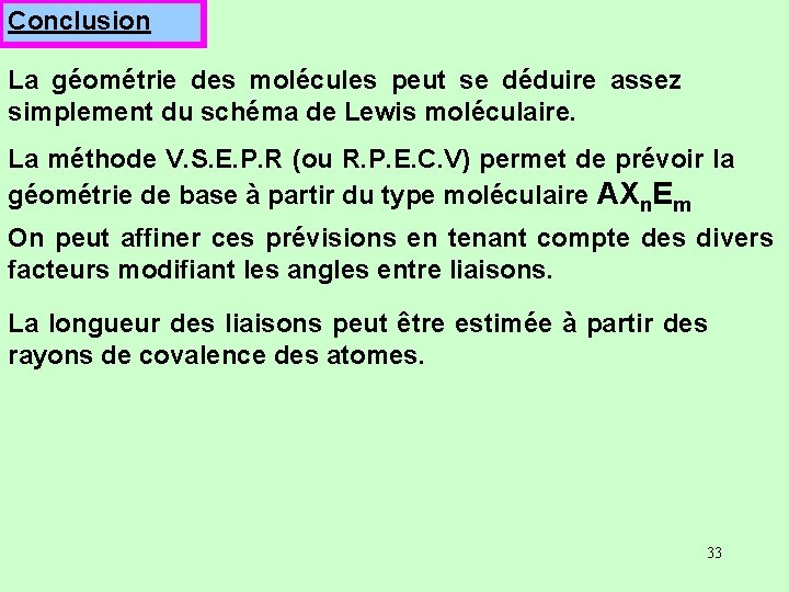 Conclusion La géométrie des molécules peut se déduire assez simplement du schéma de Lewis