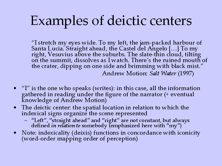 Examples of deictic centers “I stretch my eyes wide. To my left, the jam-packed