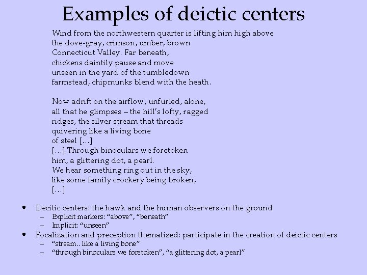 Examples of deictic centers Wind from the northwestern quarter is lifting him high above